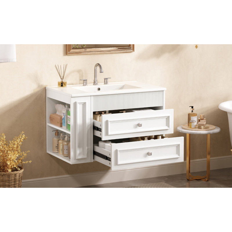 Meuble-lavabo mural de 30 po, armoire de rangement flottante avec 2 tiroirs, lavabo simple en céramique à 3 trous, armoire moderne.