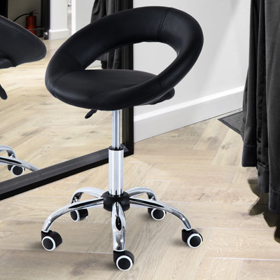 Faux Leather Rolling Stool With Adjustable Height, 5 Wheels, Black For Professional Use In Salons Salon Seat Breathable Back, And Stable Caster Wheels