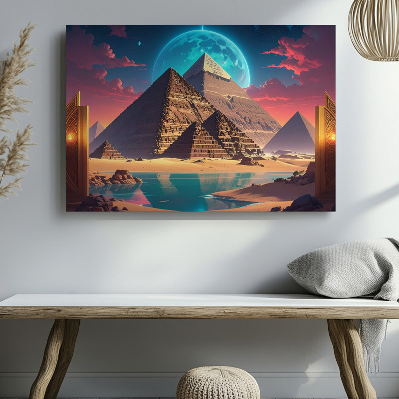 Art mural sur toile, pyramides célestes, toile d'enfant, crépuscule, Égypte avec lune et réflexion, H 20 po x l 30 po