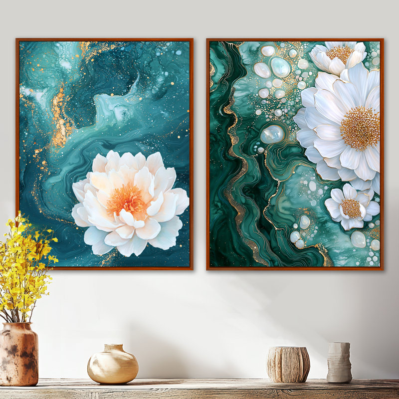 Agate of Marigold River I - Floral Wall Decor, Art floral traditionnel 2 pièces, H 32 po x l 48 po, Cadre flottant brun
