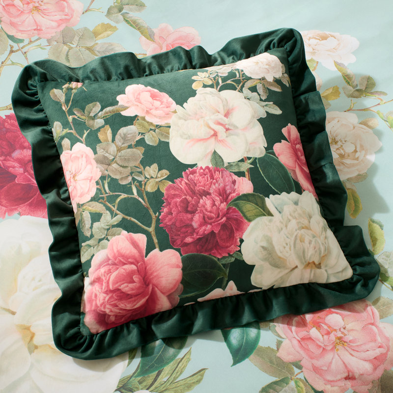 Rose Garden Frill Recycled Polyester Velour Cushio Floral Green Square Cushion Cover