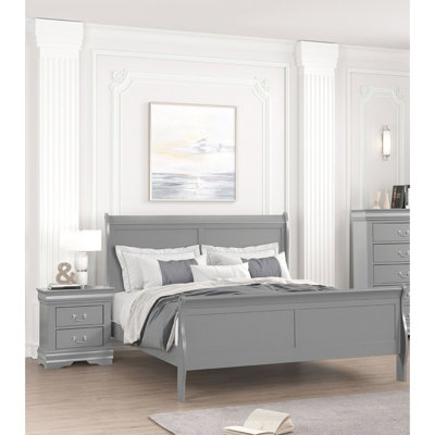 Grand lit gris, style transitionnel, placage de bois, anglais, preuve, l 62,5 po x P 88,5 po H 47 po, cadre de lit additionnel attrayant avec design, bois massif, meubles