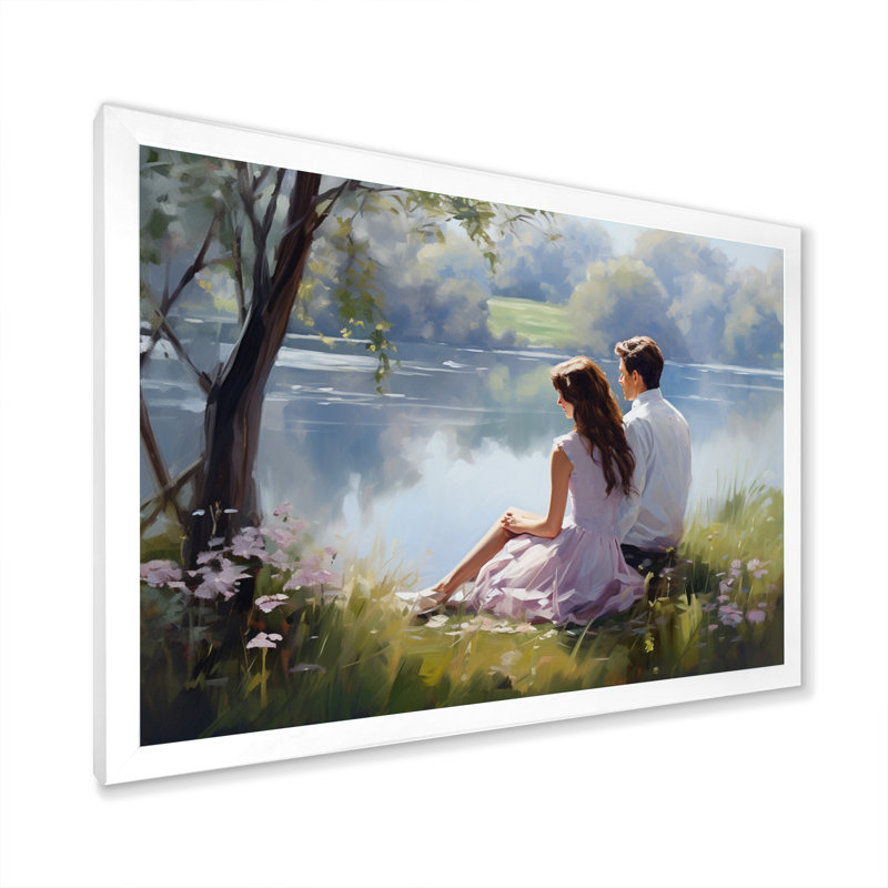" Romantic Couple Landscape Serenity I ", 24" H x 32" W x 1" D, White Single Picture Framed