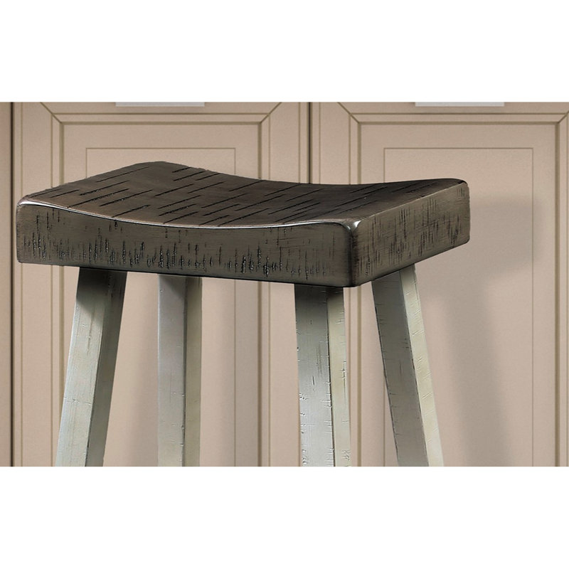 Tabouret de 29 pouces en bois massif de 2 pièces gris / blanc à siège profilé transitionnel pour espace de salle à manger intérieur