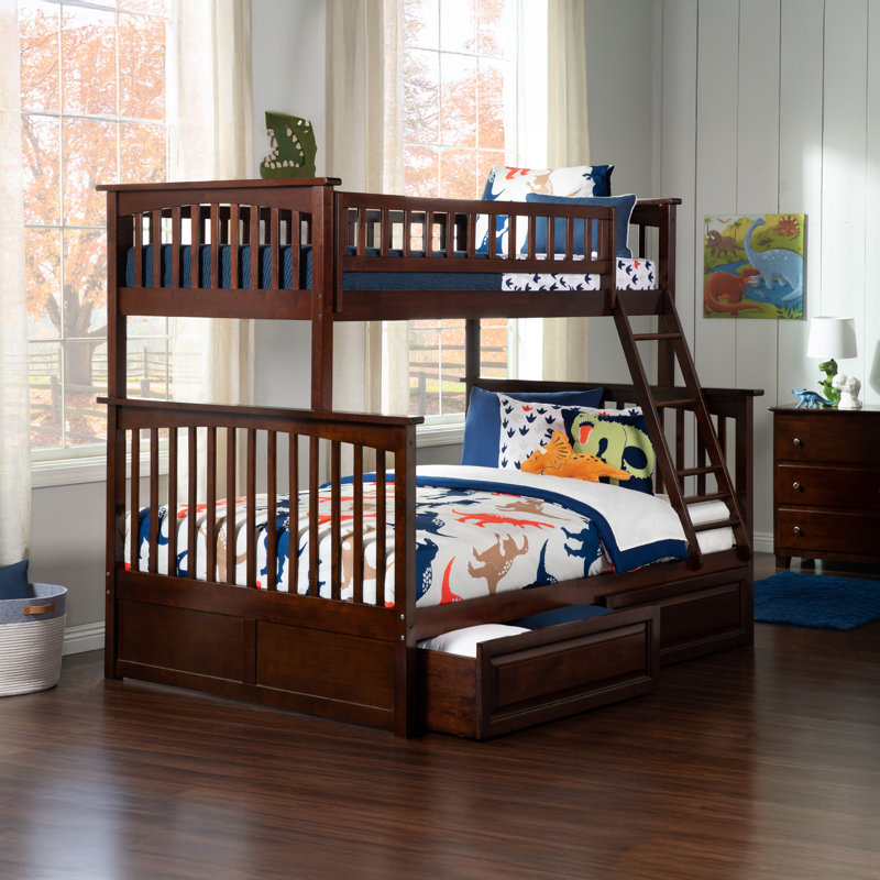 Columbia Solid Wood Standard Ladder Storage Bunk Bed with Raised Panel Under Bed Drawers, Twin over Full, Walnut