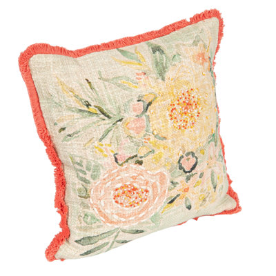 Cotton Slub Pillow With Flowers, Embroidery And Eyelash Fringe
