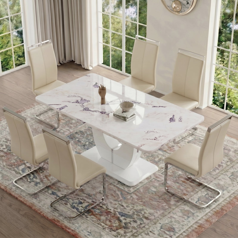 Contemporary 7-Piece Faux Marble Dining Set with Upholstered Cantilever Chairs, Beige, White