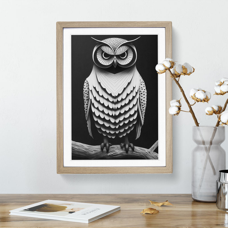 Owl Monochrome - Single Picture Frame Print, 46cm H x 34cm W x 2cm D, Oak
