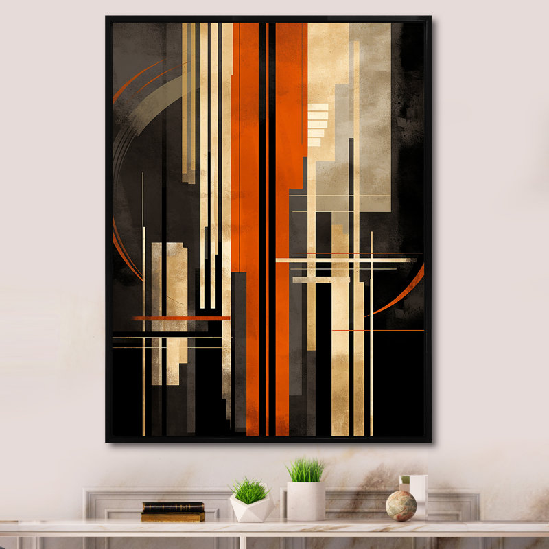 Orange et gris vecteurs I - formes abstraites sur toile, Cadre flottant noir, H 32 po x l 16 po
