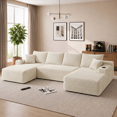 Canapé modulaire 126 po avec méridienne en forme de U, poches latérales et porte-gobelet de 126 po, conception modulaire moderne, assise profonde, canapé rembourré pour le salon / la chambre à coucher, aucun assemblage requis (moelleux) BLANC