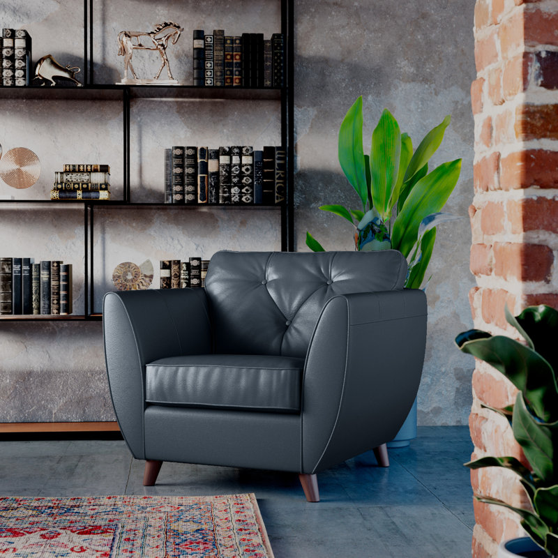 Marylin Leather Armchair, Navy, Dark Wood