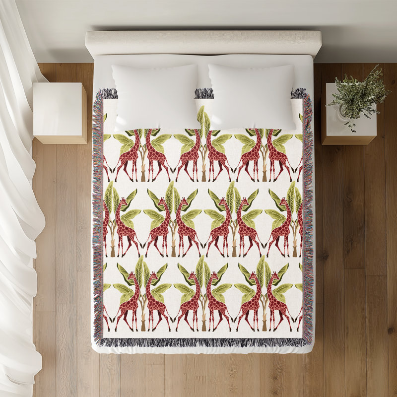 Jeté en mélange de coton Kossy Giraffe, L 70 po x l 50 po, Rouge / vert / blanc cassé