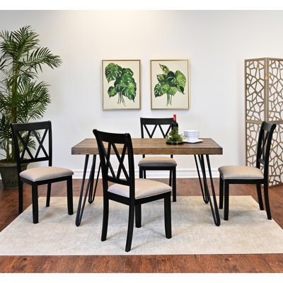 5 tables de salle à manger, table rectangulaire en épingle à cheveux avec 4 chaises, plateau supérieur, assise confortable au fini foncé