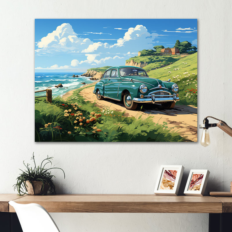 «Green Classic American Car On A Beach I - Car Old American», art mural en métal, H 12 po x l 20 po x P 1 po