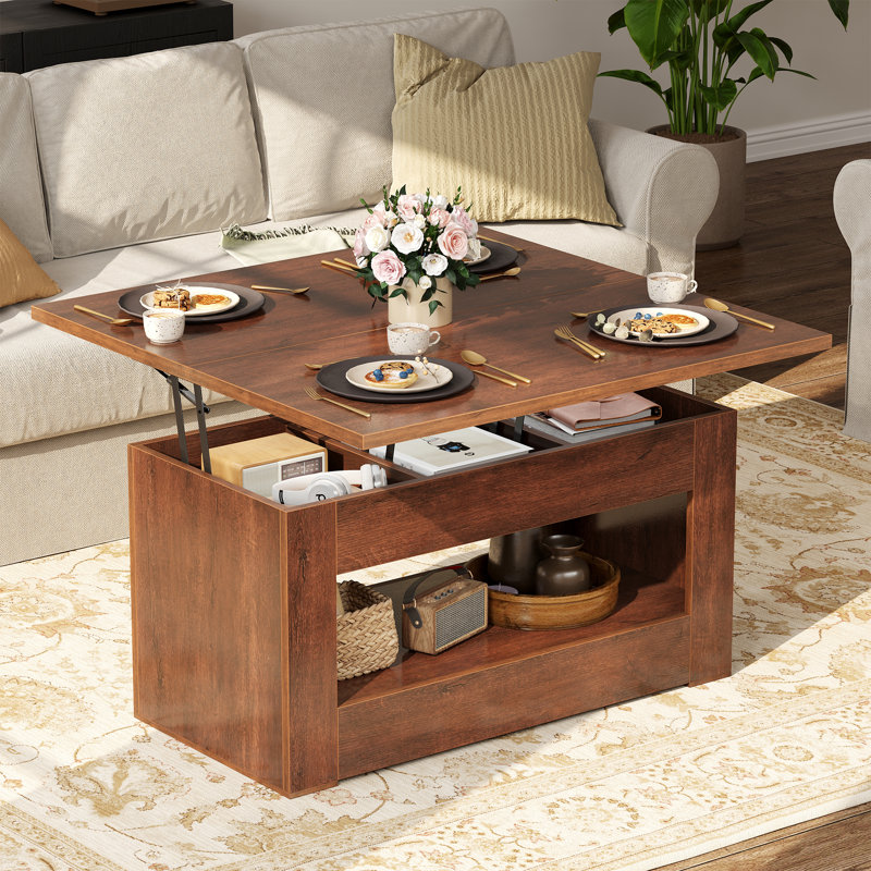 39.4" Lift Top Coffee Table, 4-in-1 Convertible Coffee Table With Storage And Hidden Compartment, Multi-function Folding Coffee Table To Dining Table For Living Room, Small Space, Walnut