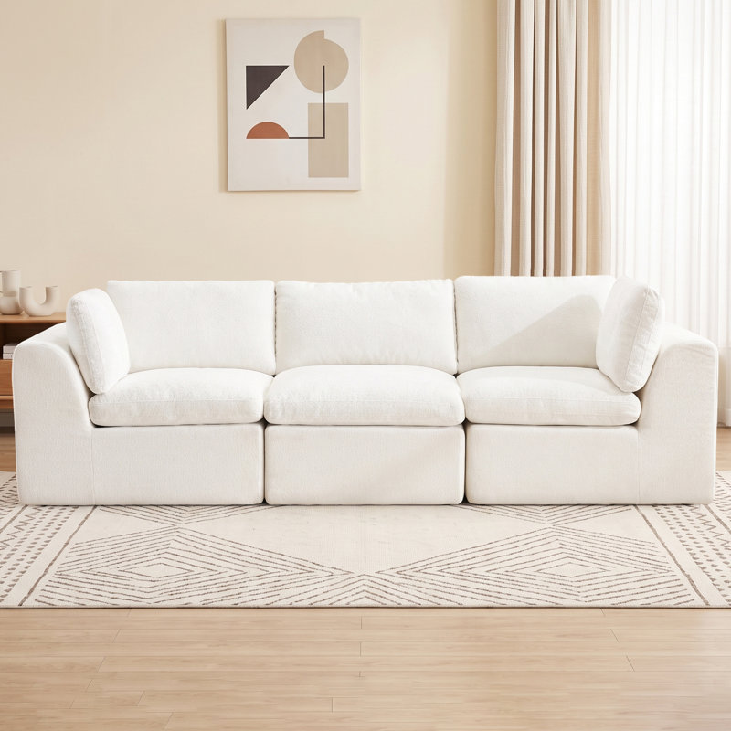 Canapé modulaire désossé 110 po, canapé en chenille 3 places pour salon, aucun assemblage requis, 3 sièges, Chenille beige