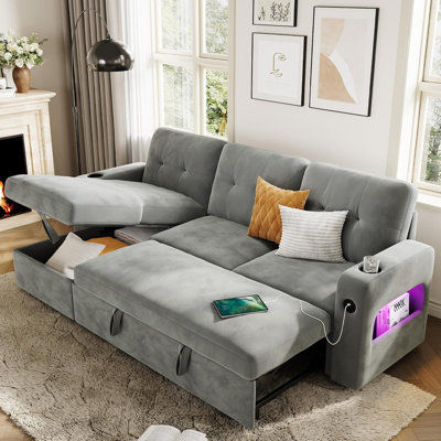 84" L-Shaped Sleeper Sofa with Storage & Charging Station, Convertible Velvet Sectional Sofa Bed by Mercer41
