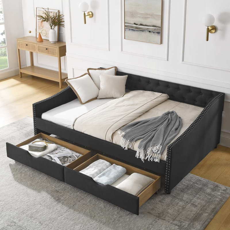 Tufted Upholstered Daybed with Storage Drawers, Elegant Button and Nailhead Details, Queen, Dark Gray