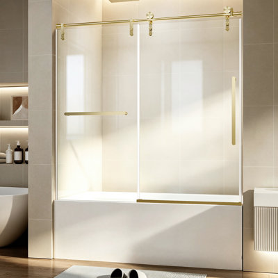Porte de baignoire coulissante entièrement sans cadre de 56 à 60 po x H 60 po, verre trempé transparent de 1/4 po (6 mm) Nano avec film de sécurité, quincaillerie en acier inoxydable, doré