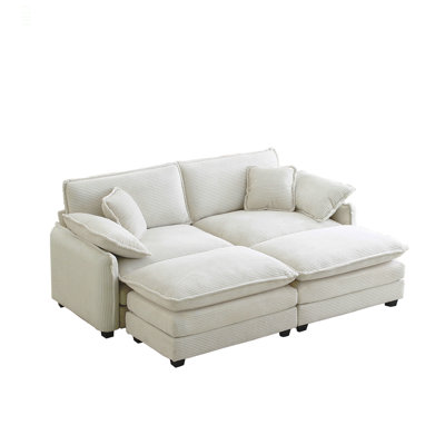 Two-Seater Theater Sofa  With 2 Footrest, 2-Seater Sofa With Ottoman For Small Living Spaces, Beige Corduroy