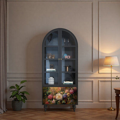 Floral Solid Wood Glass Display Cabinet