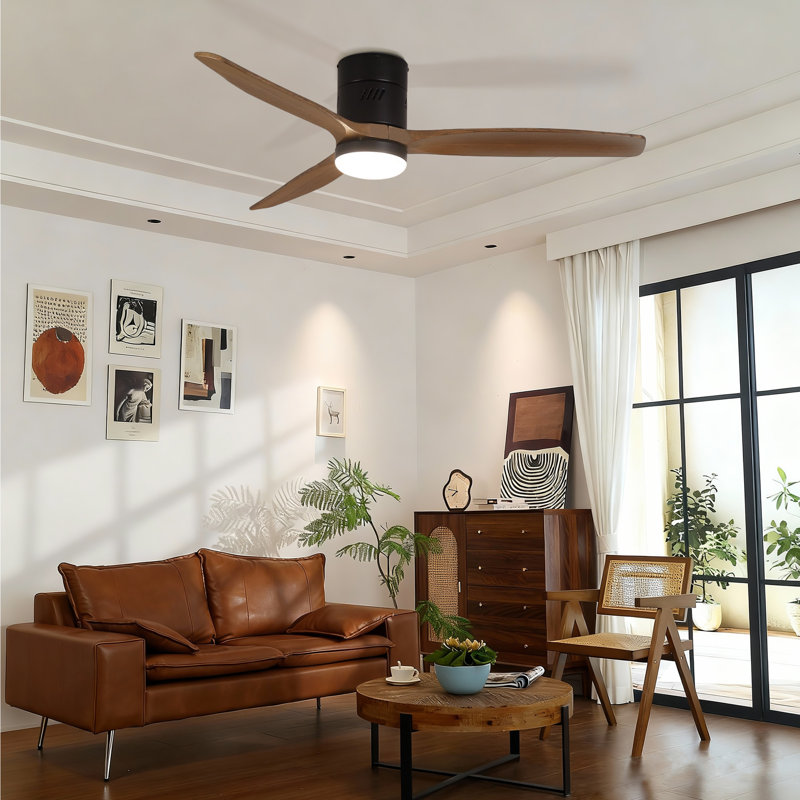 Ryme 52 In. Black Light Oak Flush Mount Standard Ceiling Fan With LED With Remote Included DC Motor Reversible, Gray Wood