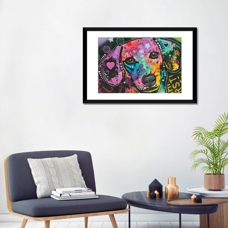 «Beagle» par Dean Russo - impression sur toile tendue, H 24 po x l 32 po x P 1 po, Papier d'art encadré noir, Blanc