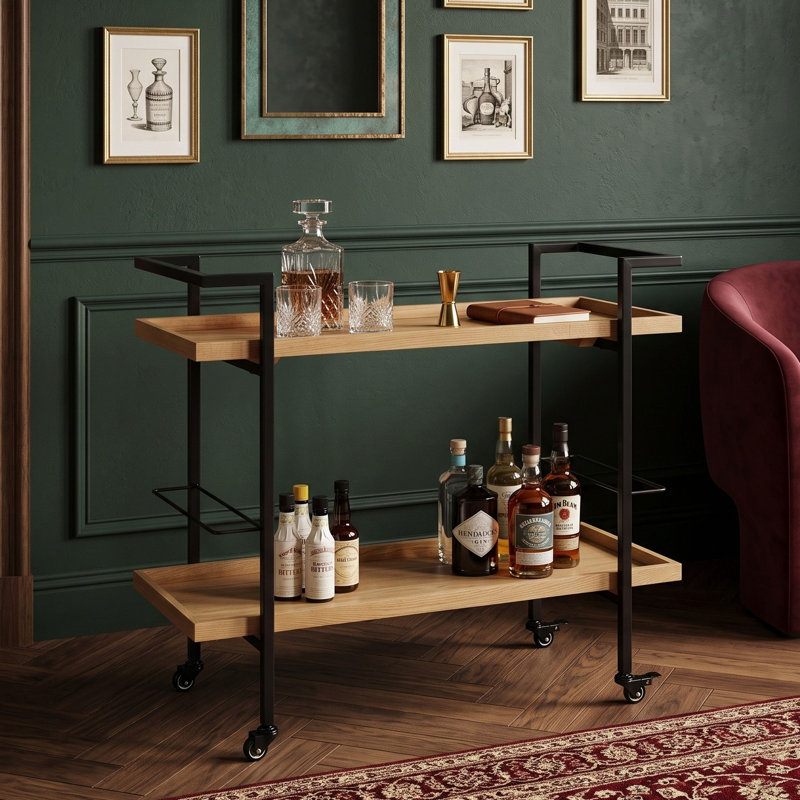 Chariot-bar avec roulettes et tablettes, Naturel