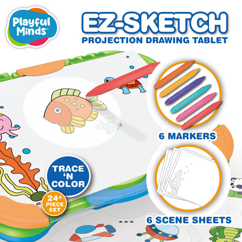 Playful Minds: Tablette de dessin EZ Sketch Projector - Trace & Color Light Art Kit, 64 animaux de dessin animé et images, 6 marqueurs, apprendre à dessiner, enfants 3+