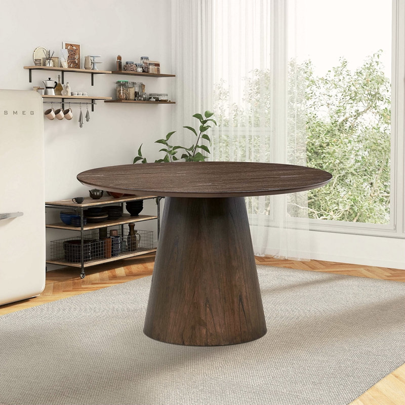Table de salle à manger en bois et bois aggloméré de 47,24 po de style moderne pour la cuisine, le salon, le café, le bureau de loisirs élégant avec base cylindrique robuste, pour les petits espaces, appartement, noyer