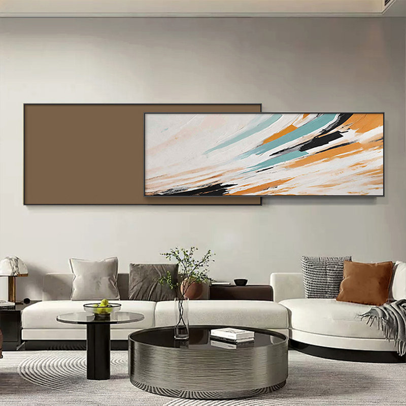 Ensemble d'art mural Mid-Century moderne sur toile abstraite encadrée, 2 pièces d'impressions rectangulaires superposées pour le salon