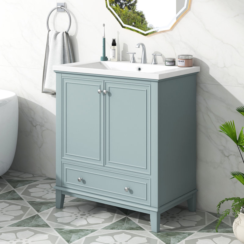 Ensemble de meuble-lavabo sur pied simple 30 po avec plateau en céramique Issachar, Vert / argenté, Ensemble central de 4 po