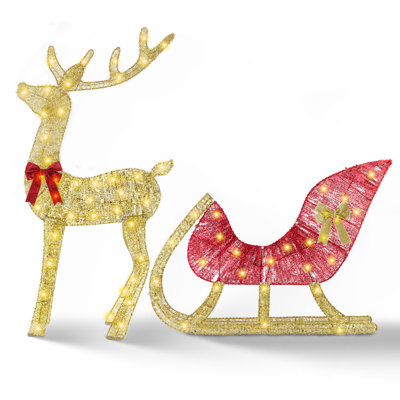 Présentoir de Noël et de traîneau de Noël éclairé à piles avec 50 lumières à DEL jaune chaud et 8 modes d'éclairage pour un décor des Fêtes intérieur et extérieur