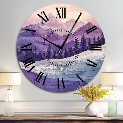 Sommets enneigés peints à la lavande - Horloge murale silencieuse en métal représentant un paysage