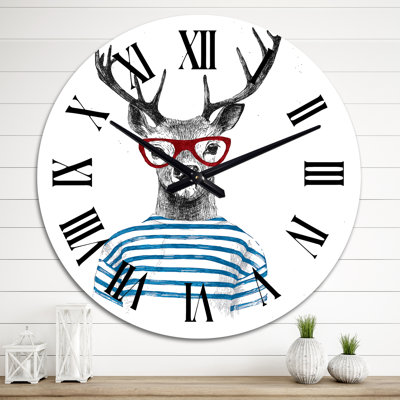 Portrait d'un cerf avec des lunettes rouges - Horloge murale traditionnelle