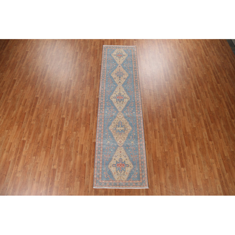 Tapis de couloir unique bleu clair / gris / brun Heriz Serapi noué à la main 2 pi 11 po x 11 pi 8 po