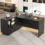 Bureau de direction en L, bureau de bureau personnel avec rangement, tiroirs, classeur et panneau d'intimité, grand bureau d'angle moderne avec station de charge et lumières à DEL, bureau de direction debout (noir)-1492838990