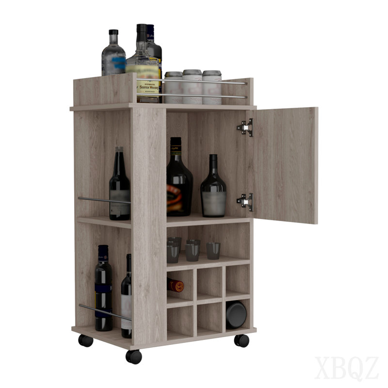 Bar Cart with Cabinet, 6 Built-in Wine Rack and Casters, Grey