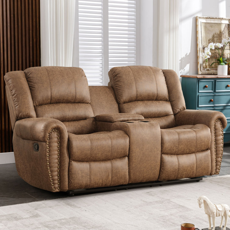 Causeuse inclinable manuelle en similicuir de 76 po de large avec console centrale Margena