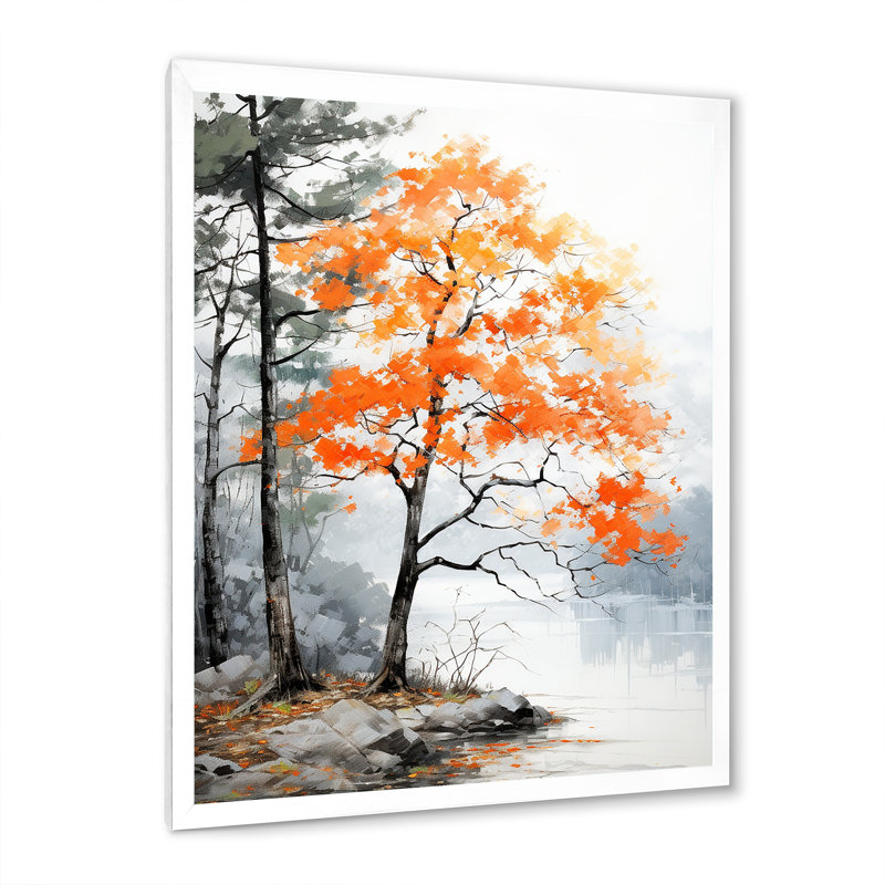 Orange et gris, forêt, automne, élégance I - art mural forêt, H 44 po x l 34 po x P 1,5 po, Cadre simple blanc
