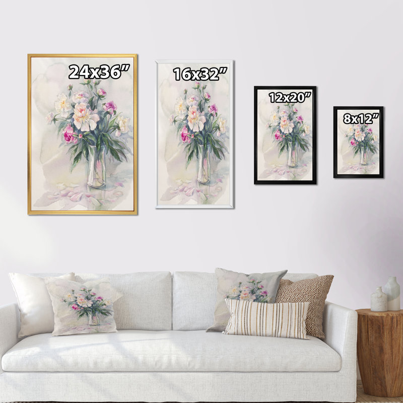 Bouquet abstrait de pivoines blanches II - reproduction d'art sur toile, H 12 po x l 8 po x P 1 po, Cadre flottant doré