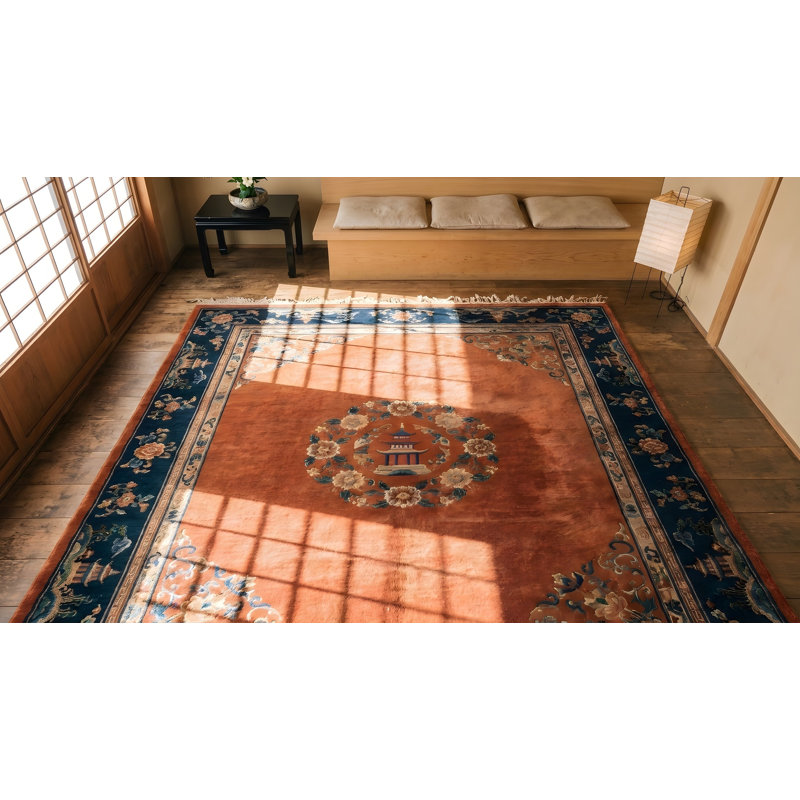 Tapis antique chinois à motif médaillon en laine noué à la main Art Deco
