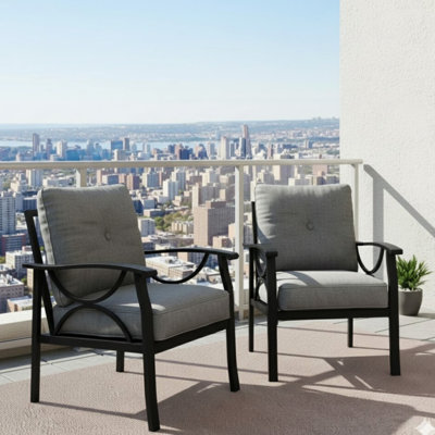 De 2 fauteuils en métal toutes saisons, structure noire, coussins gris, conception sculpturale moderne, convient aux fauteuils de couple 2, fabrication robuste, détente extérieure confortable sur les balcons