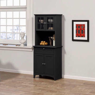 Elegant Black Buffet with Hutch, Kitchen Pantry Storage Cabinet with Framed Glass Doors, Drawer & Microwave Space, Farmhouse to Modern Style by Ophelia & Co.