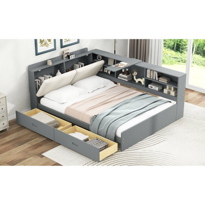 Lit double gris en bois avec tête de lit à rangement, 2 tiroirs, pin et commodité rotative