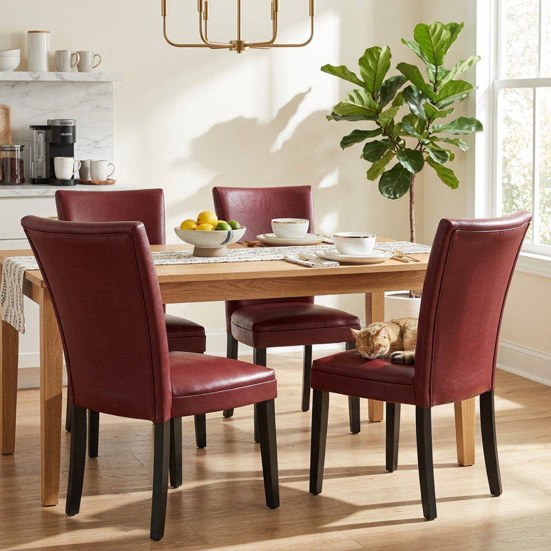 Wexford Collection Set of 4 Mid-Century Modern Parsons Dining Chairs, Upholstered Faux Leather Dining Chairs with Solid Wood Legs, High Back Side Chairs for Dining Room, Kitchen or Breakfast Nook, Red