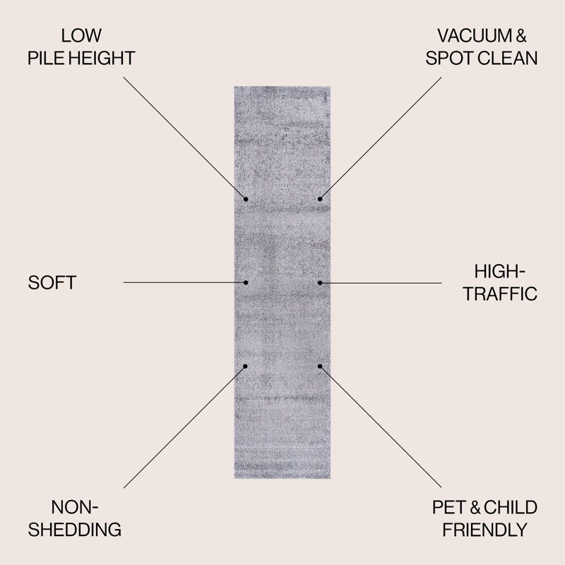 Asal Haze Solid Low-Pile Gray Rug, Runner 2' x 12'