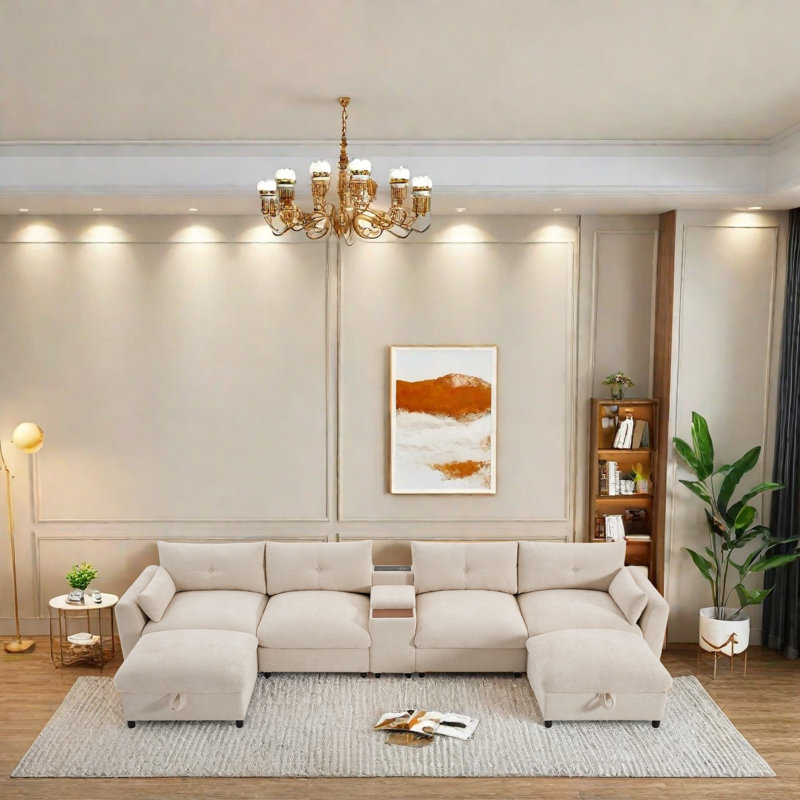 Canapé modulaire avec chargeur USB, porte-gobelets, repose-pieds mobile et console fonctionnelle, siège très large, rangement et détails de designer pour le salon, la chambre à coucher ou le bureau