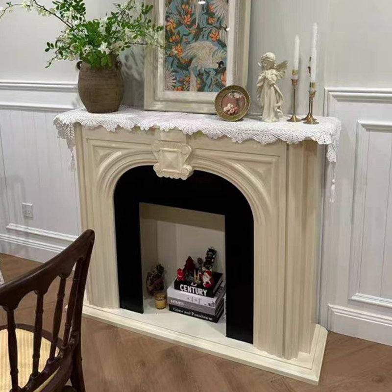 Beige + Black Solid Wood Freestanding Fireplace