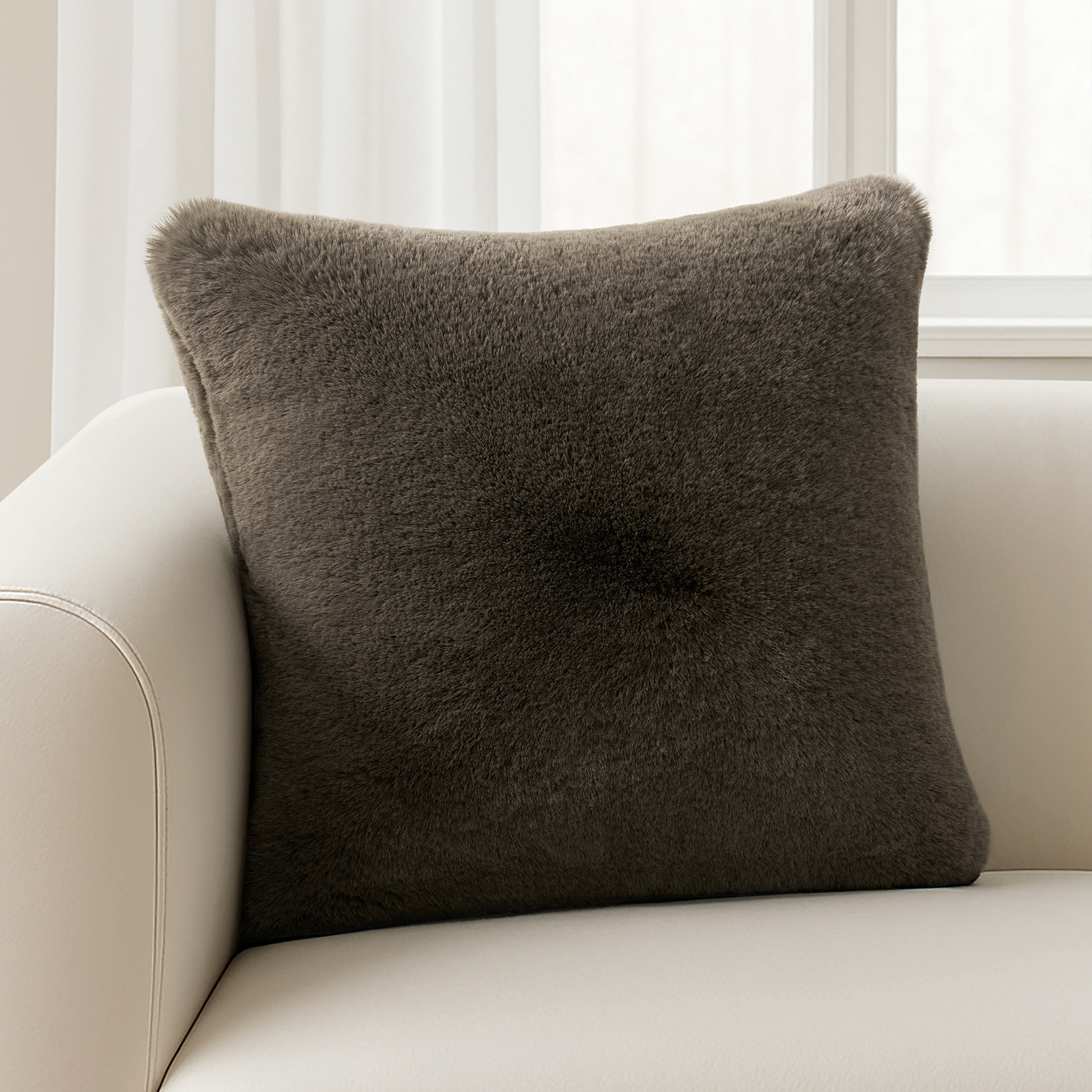 Luxury Soft Faux Chinchilla Fur Throw Pillow Cover 1 Pack, 20”x20”, Smoky Sable, Square 20"